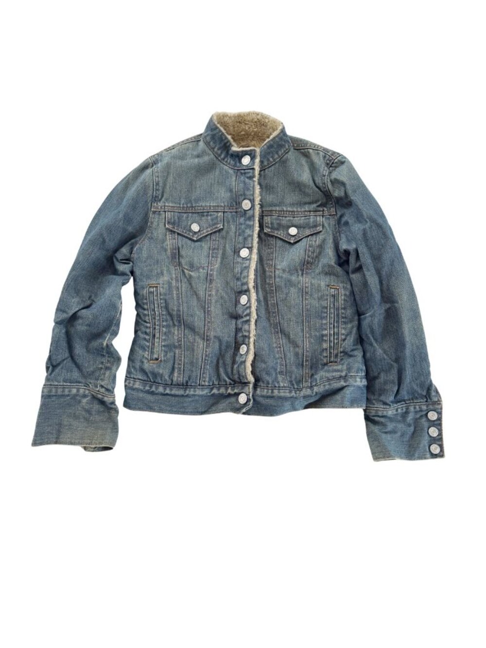 Vintage GAP Sherpa Lined Denim Jacket Mandarin Collar Blue Size Small Y2K